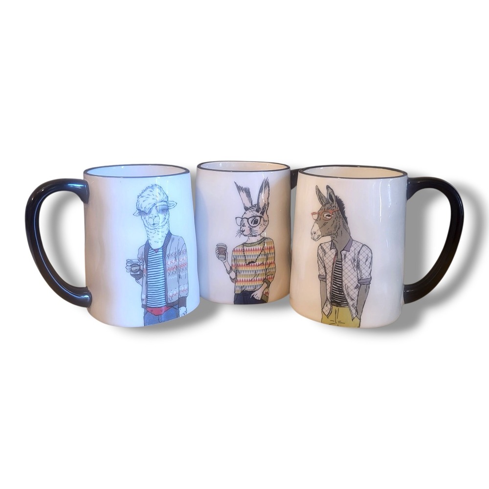 Animal Hipster Mugs Cups 18 Oz Stoneware Ceramic Signature Housewares Set Of 3